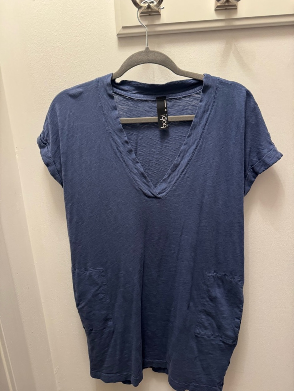Blue V-Neck Short Sleeve T-Shirt Dress with Pockets